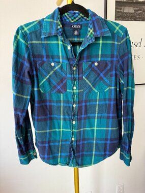 Chaps Denim Youth L Blue Plaid Flannel Shirt Long Sleeve Button Up Kids